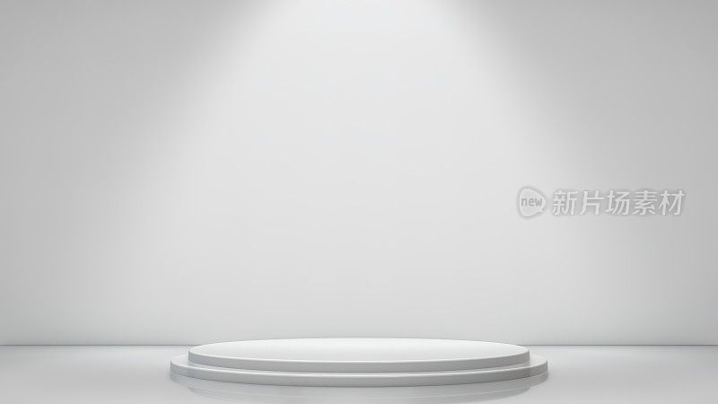 白色工作室模板-简单背景上的圆形基座-聚光灯产品货架-空白工作室广告平台- 3D渲染